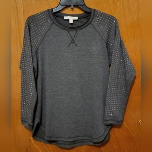 Dark Gray T-Shirt Rhinestone Sparkle Long Sleeves Relaxed Fit, Small MINT